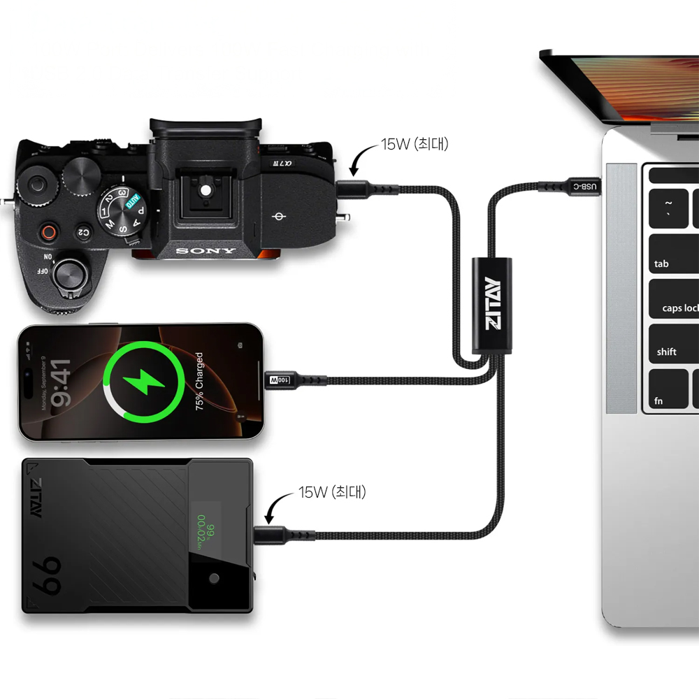 ZITAY 지테이 3 IN 1 멀티 고속충전 케이블 100cm USB-C 타입 100W CT20
