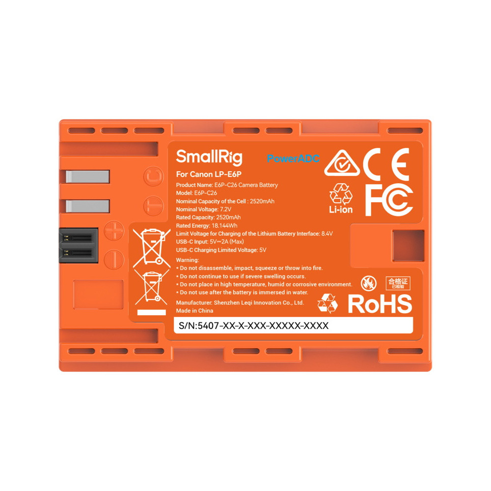 스몰리그 5407 캐논 LP-E6P 카메라 배터리 USB-C 충전식 KC인증 오렌지